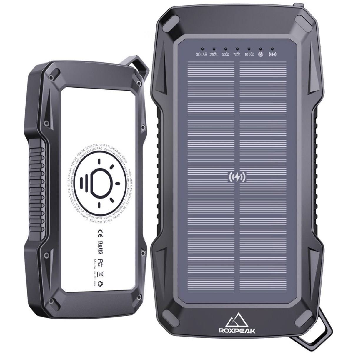 RoxPeak® Titancharge X2 - Solar Powerbank 50.000 MaH - 65W Snellader - Geschikt voor alle smartphones & Tablets - 2x USB A + 2x USB-C - LED Display - Kampeerlamp - Sensor Alarm - Outdoor - Noodpakket - Universeel - Zwart