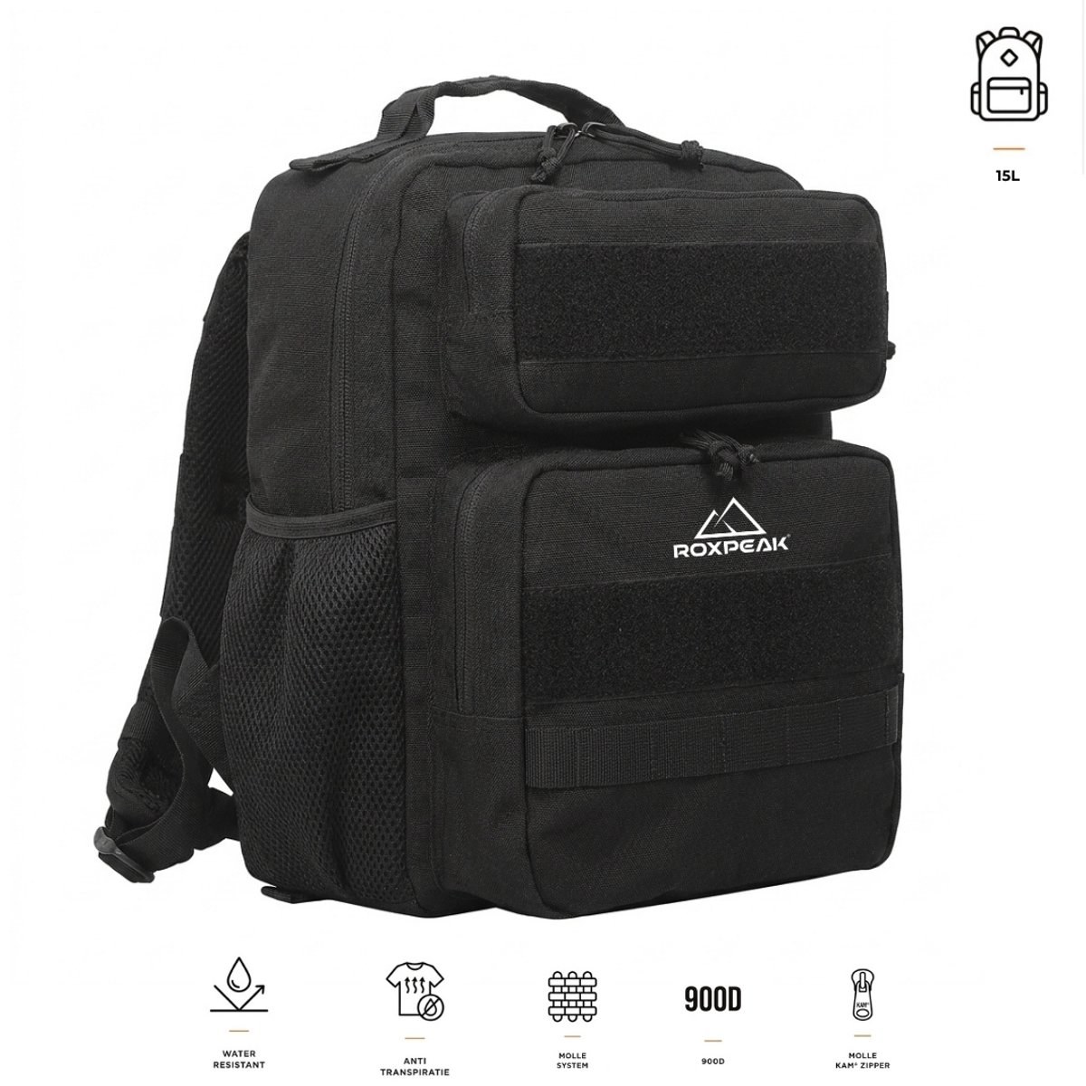 RoxPeak® Titan Gym T1 - Gym & dag Rugzak - 15 – 900D Oxford Polyester – MOLLE Systeem – Waterafstotend – Gym, dagtrip, school & woon- werk rugzak – Zwart