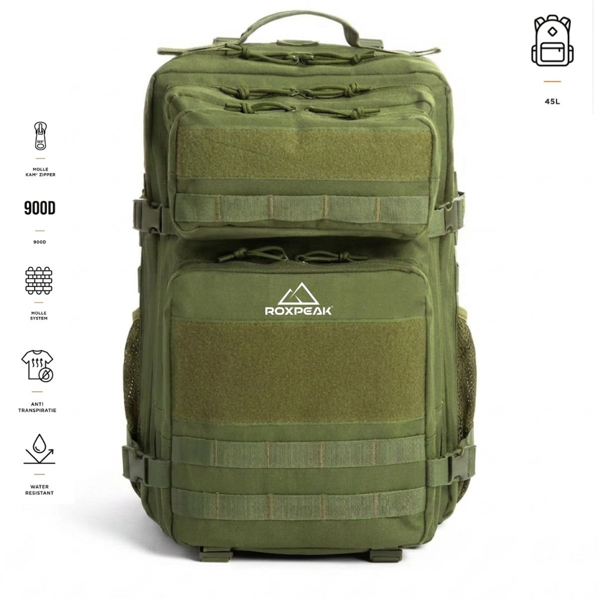 RoxPeak® TitanPack S1 - Outdoor Rugzak - 45L - Tactical Backpack – 17 Inch Laptopvak – 900D Polyester – MOLLE Systeem – Waterafstotend – Hiking, Camping & Reisrugzak – Groen