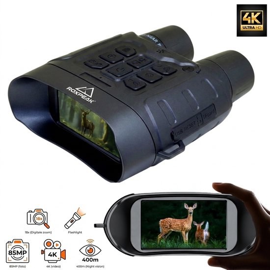 RoxPeak® Falcon X Pro - Nightvision camera - Verrekijker - Nachtkijker 400m - 4K Ultra HD - 5000 mAh accu - 18x digitale zoom - USB-C snelladen - Zaklamp - Zwart