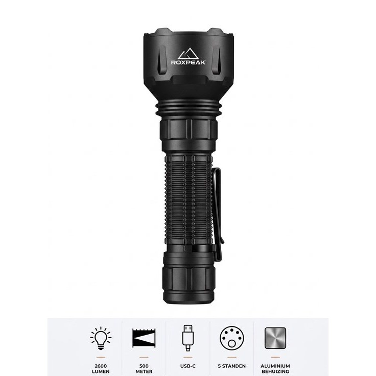 RoxPeak® Thunder X1 - zeer krachtige Zaklamp - 2700 Lumen - Long Range 500 meter - USB-C oplaadbaar - 5 standen - 21700 Accu