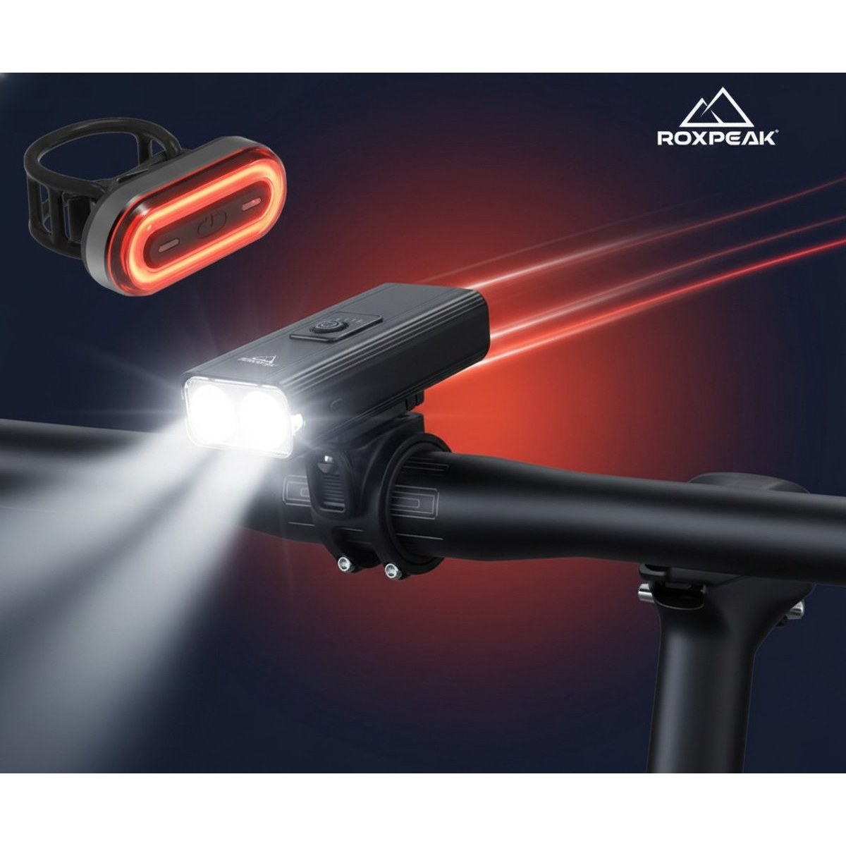 RoxPeak® fietsverlichting set - Voorlamp & Achterlamp - USB oplaadbaar - 1600 Lumen - 300 meter - Ingebouwde Powerbank 2400 MaH - 6 standen - waterdicht