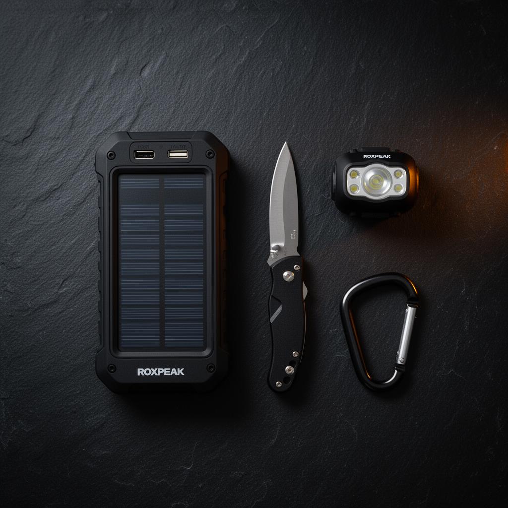 Roxpeak outdoor gear collection: solar powerbank, headlamp, knife and carabiner