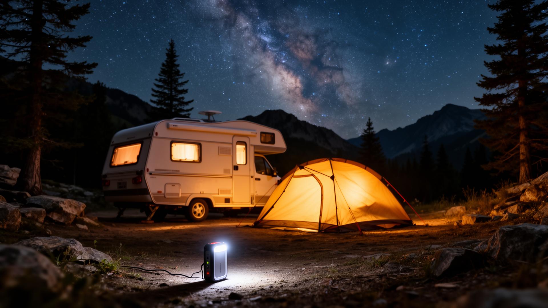 Camp at night, lit by a Roxpeak powerbank