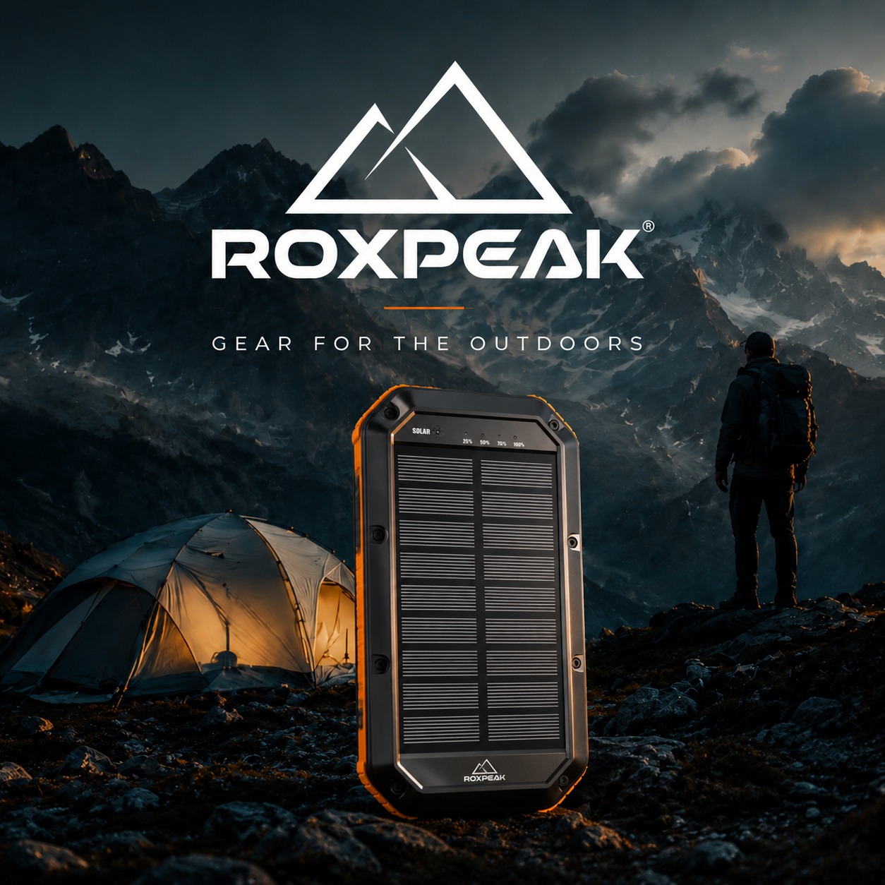 Roxpeak outdoor gear collection: solar powerbank, headlamp, knife and carabiner